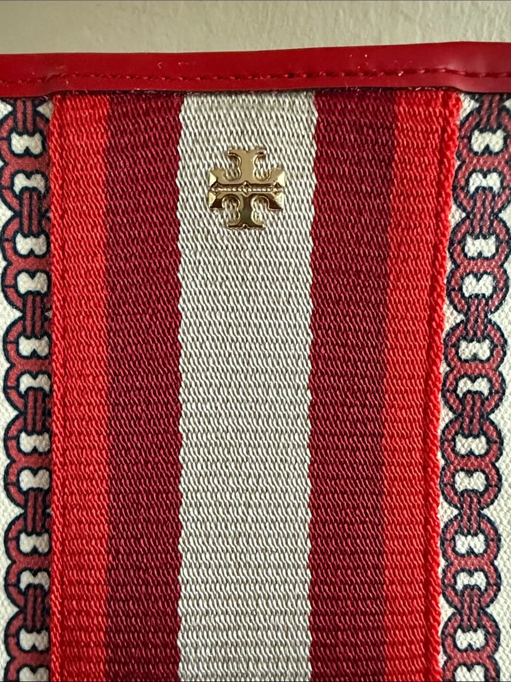 Tory Burch Gemini Link Canvas Tote Bag Red White Striped Like New